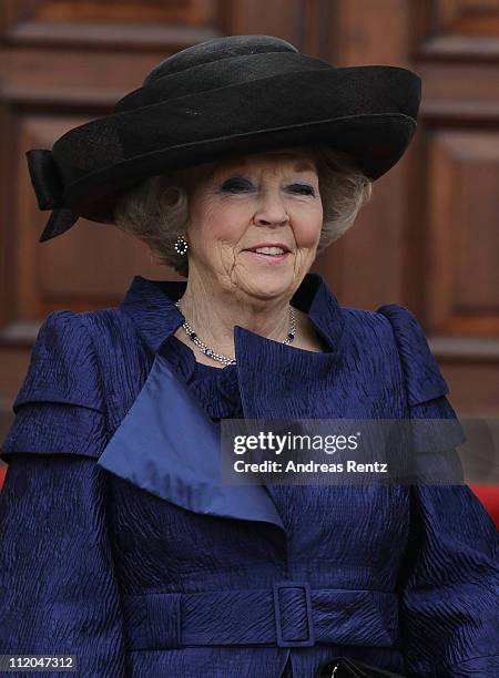 Queen Beatrix of the Netherlands smiles upon her arrival at Bellevue Presidential Palace on April 12, 2011 in Berlin, Germany. The Dutch royals are...