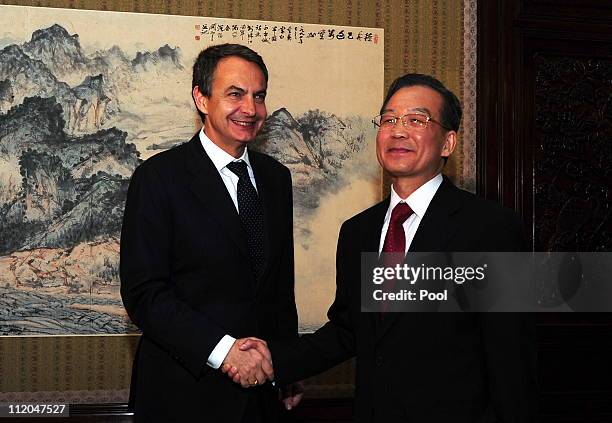 Spain's Prime Minister Jose Luis Rodriguez Zapatero meets with his Chinese countepart Wen Jiabao at Zhongnanhai on April 12, 2011 in Beijing soon...