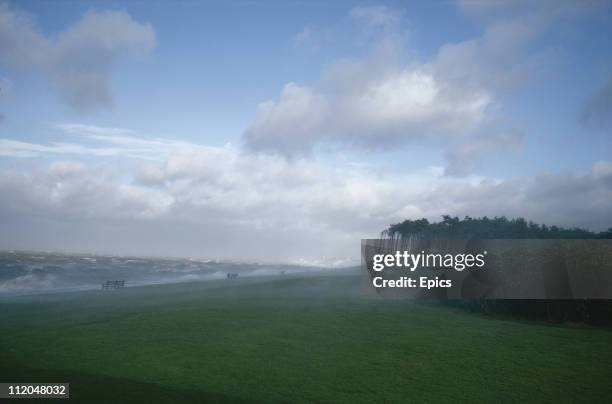 Mist rolls over the countryside creating a scenic view at Silloth, Cumbria, November 1970.