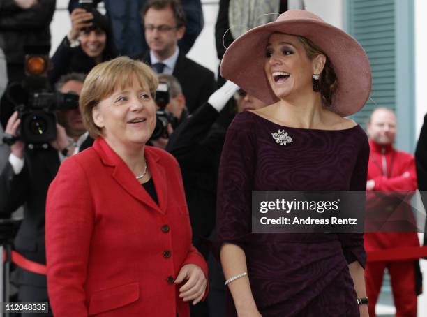 German Chancellor Angela Merkel welcomes Princess Maxima of the Netherlands upon her arrival at the Chancellery on April 12, 2011 in Berlin, Germany....
