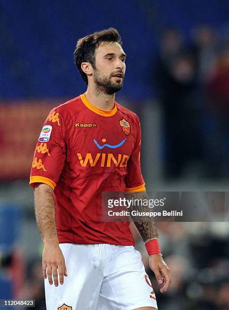 Mirko Vucinic of Roma in action during the Serie A match between AS Roma and Juventus FC at Stadio Olimpico on April 3, 2011 in Rome, Italy.