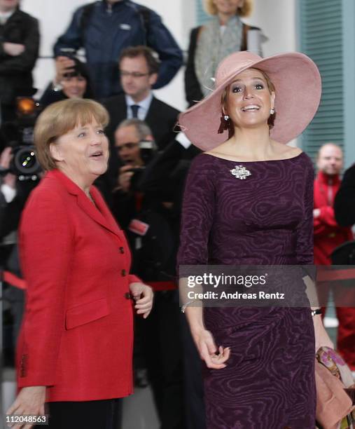 German Chancellor Angela Merkel welcomes Princess Maxima of the Netherlands upon her arrival at the Chancellery on April 12, 2011 in Berlin, Germany....
