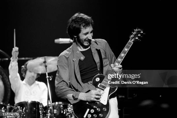 Guitarist Pete Townshend of The Who at Shepperton, 1978. Drummer Keith Moon is behind him.