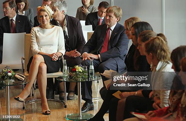 Princess Maxima and Prince Willem-Alexander of the Netherlands attend a discussion with German and Dutch youth at the Dutch Embassy on April 12, 2011...