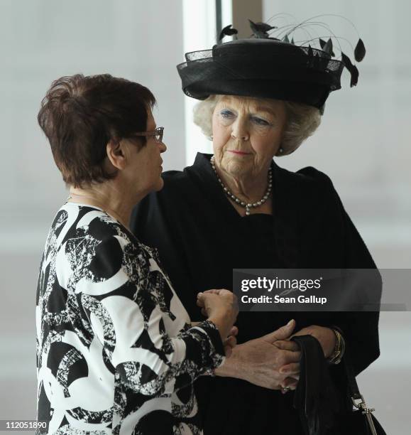 Queen Beatrix of the Netherlands chats with former Bundestag President Rita Suessmuth at a discussion with German and Dutch youth at the Dutch...