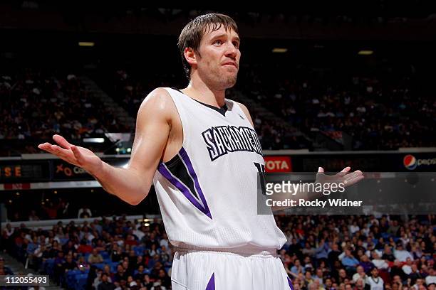 Beno Udrih of the Sacramento Kings reacts after the play against the Oklahoma City Thunder on April 11, 2011 at Power Balance Pavilion in Sacramento,...