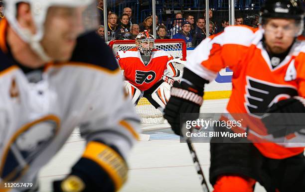 Sergei Bobrovsky of the Philadelphia Flyers tends goal against the Buffalo Sabres at HSBC Arena on March 8, 2011 in Buffalo, New York.