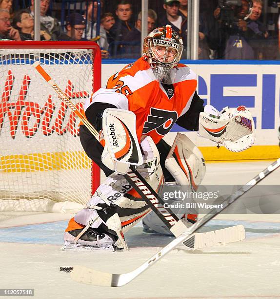 Sergei Bobrovsky of the Philadelphia Flyers tends goal against the Buffalo Sabres at HSBC Arena on March 8, 2011 in Buffalo, New York.