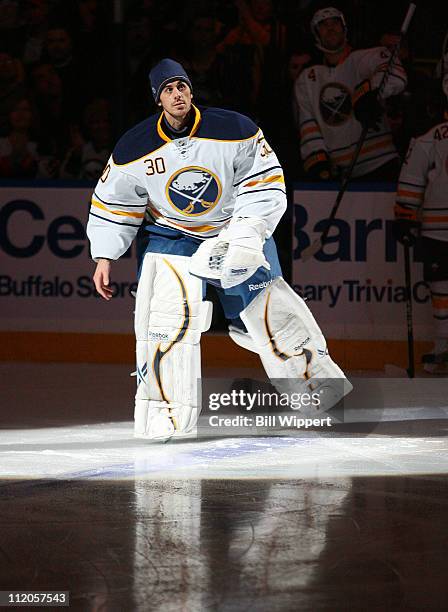 Ryan Miller of the Buffalo Sabres skates onto the ice to accept the team's Most Valuable Player award before the game against the Philadelphia Flyers...