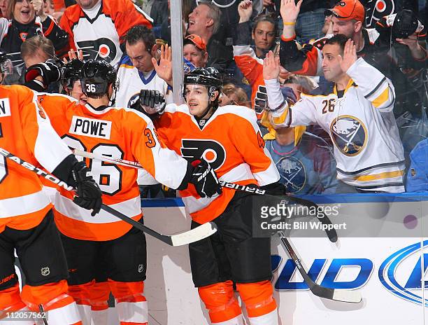 Danny Briere of the Philadelphia Flyers celebrates his goal against the Buffalo Sabres at HSBC Arena on March 8, 2011 in Buffalo, New York.