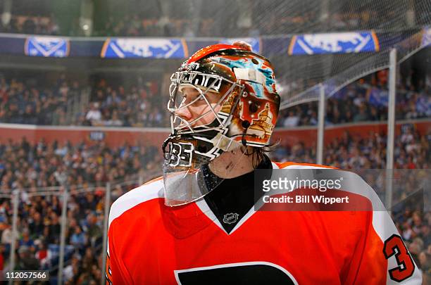 Sergei Bobrovsky of the Philadelphia Flyers tends goal against the Buffalo Sabres at HSBC Arena on March 8, 2011 in Buffalo, New York.