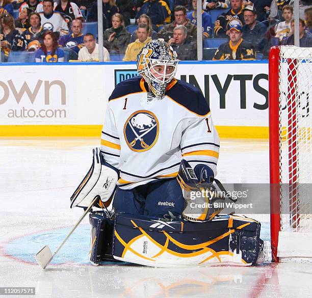 Jhonas Enroth of the Buffalo Sabres tends goal against the Philadelphia Flyers at HSBC Arena on March 8, 2011 in Buffalo, New York.