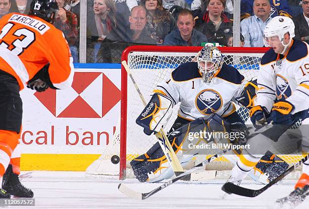 Jhonas Enroth of the Buffalo Sabres tends goal against the Philadelphia Flyers at HSBC Arena on March 8, 2011 in Buffalo, New York.