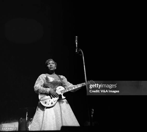 Sister Rosetta Tharpe, performs on stage, playing Gibson Les Paul Gold Top guitar, 1959.