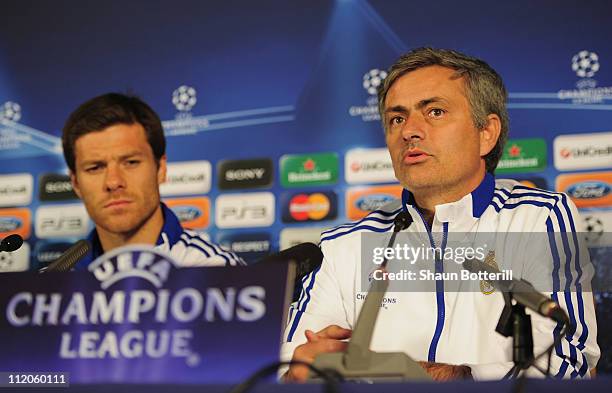 Jose Mourinho the Real Madrid manager and player Xabi Alonso talk to the media during a press conference on the eve of their UEFA Champions League...