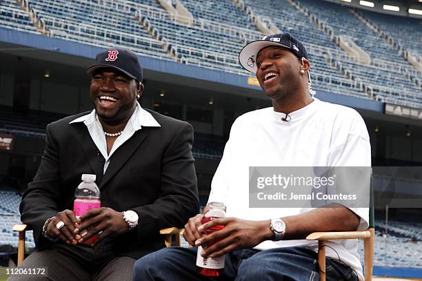 Vitaminwater power couple David Ortiz of the Boston Red Sox and Tracy McGrady of the Houston Rockets hanging out at Yankee Stadium prior to the New...