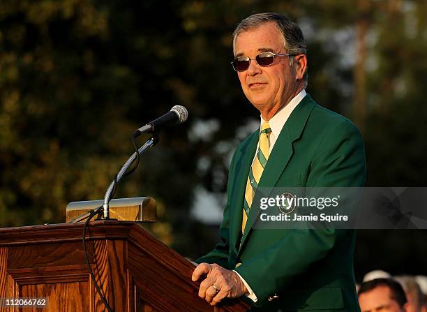 William Porter Payne, chairman of Augusta National Golf Club speaks at the green jacket presentation at the 2011 Masters Tournament at Augusta...