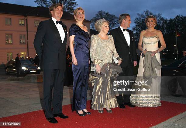 German President Christian Wulff and First Lady Bettina Wulff welcome Queen Beatrix , Prince Willem-Alexander and Princess Maxima of the Netherlands...