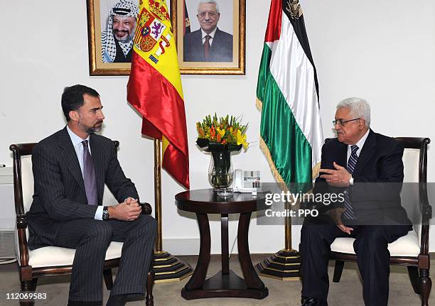 In this handout image supplied by the Office of the Palestinian President President , Palestinian President Mahmoud Abbas meets with Prince Felipe of...