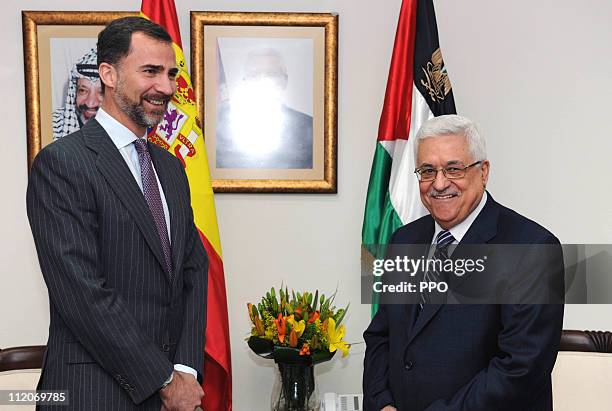 In this handout image supplied by the Office of the Palestinian President President , Palestinian President Mahmoud Abbas meets with Prince Felipe of...