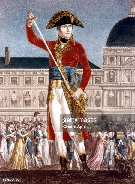 Napoleon Bonaparte prime consul putting back his sword in its scabbard after the peace treaty of Amiens 1802, engraving.