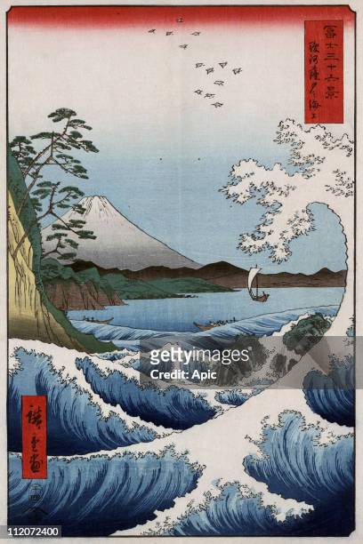 The sea, view of Satta Suruga, Japan, in the background : Mount Fuji, woodcut by Ando Hiroshige, 1858 .