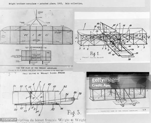 Wright brothers aeroplane, patented plans drawings by W.B. Robinson from Wright Brothers' specification in the Patent Office.