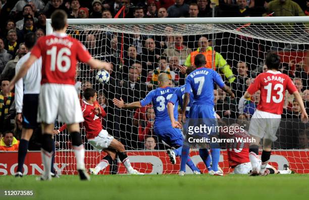 Javier Hernandez of Manchester United scores the opening goal during the UEFA Champions League Quarter Final second leg match between Manchester...