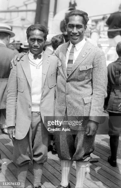 Hawaiian sportsmen Samuel Kahanamoku and Duke Kahanamoku here aboard a liner, c. 1920.
