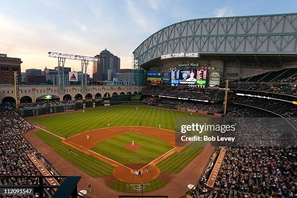 General view of Minute Maid Park from behind home plate on April 12, 2011 in Houston, Texas.