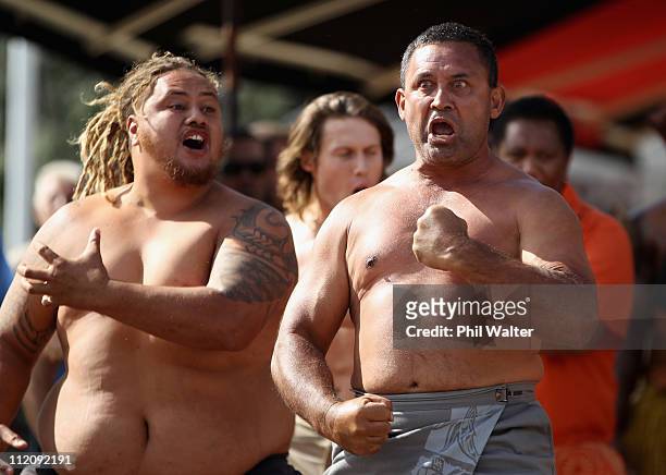 Members of the New Zealand crew perform a haka before the ceremonial departure of the 'vaka' or traditional canoes ahead of their cross-Pacific...