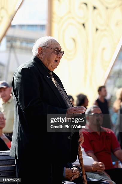 Hector Busby speaks before the ceremonial departure of the 'vaka' or traditional canoes ahead of their cross-Pacific voyage from Viaduct Harbour on...