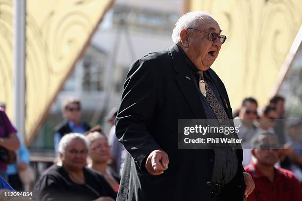 Hector Busby speaks before the ceremonial departure of the 'vaka' or traditional canoes ahead of their cross-Pacific voyage from Viaduct Harbour on...