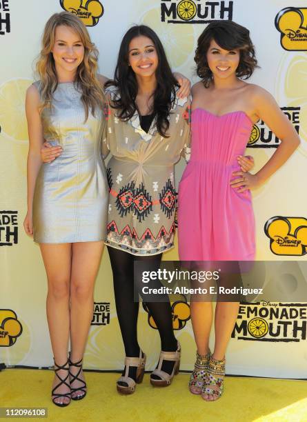 Actresses Bridgit Mendler, Naomi Scott and Hayley Kiyoko arrive to the premiere of Disney Channel's "Lemonade Mouth" at Stevenson Middle School on...