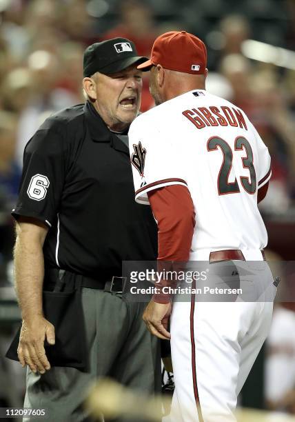 Manager Kirk Gibson of the Arizona Diamondbacks argues with home plate home plate umpire Bob Davidson after being ejected from the Major League...