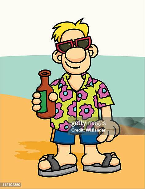 vacation guy with beer - man flip flops stock illustrations