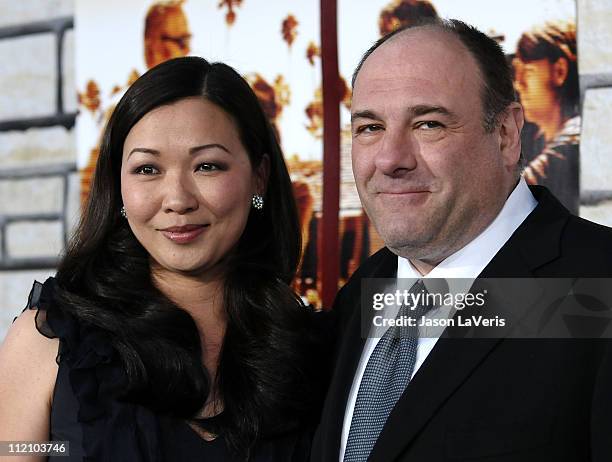 Actor James Gandolfini and wife Deborah Lin attend the premiere of "Cinema Verite" at Paramount Theater on the Paramount Studios lot on April 11,...