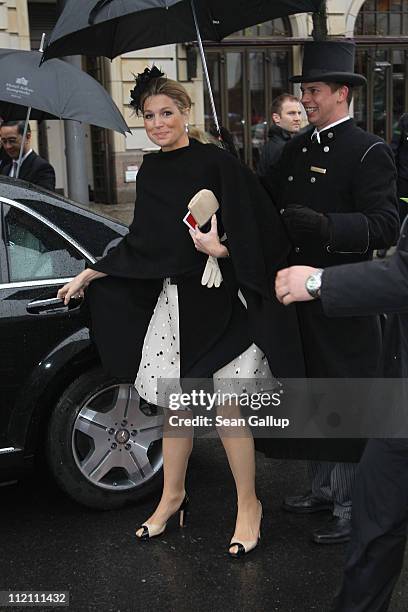 Princess Maxima of the Netherlands departs from the Adlon Hotel for a busy day on April 13, 2011 in Berlin, Germany. The Dutch royals, including...