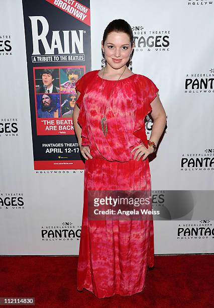 Actress Jennifer Stone arrives at the opening night of 'Rain- A Tribute To The Beatles' at the Pantages Theatre on April 12, 2011 in Hollywood,...