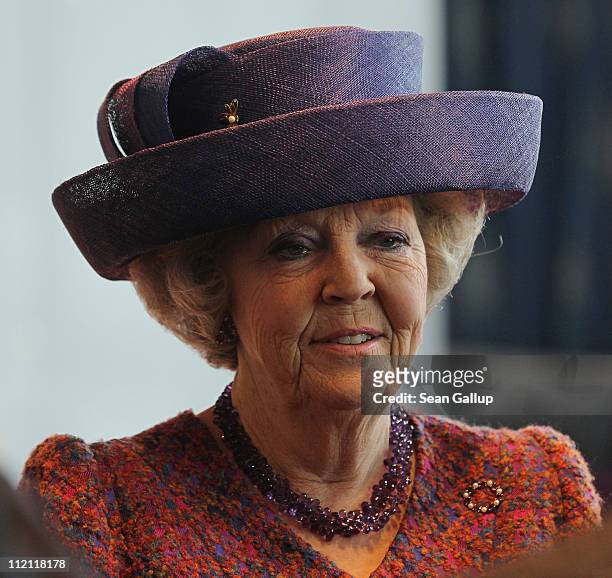 Queen Beatrix of the Netherlands arrives to meet with Dutch and German businessmen at the Nhow Hotel on April 13, 2011 in Berlin, Germany. The Dutch...
