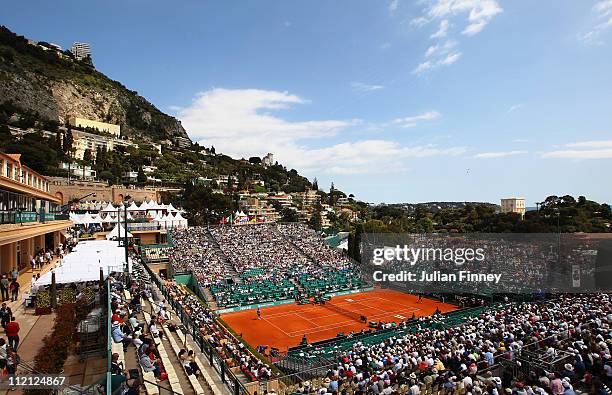 General view of centre court during Day Four of the ATP Masters Series Tennis at the Monte Carlo Country Club on April 13, 2011 in Monte Carlo,...