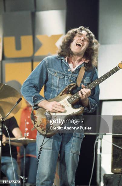 Rory Gallagher , Irish blues-rock guitarist, singer-songwriter, playing guitar during a live concert perforformance at the Montreux Jazz Festival, in...