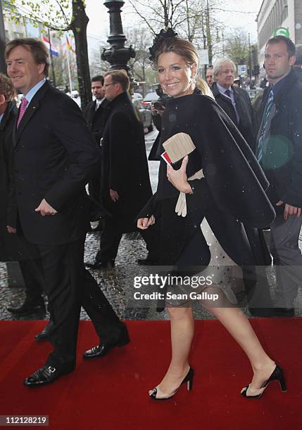 Prince Willem-Alexander and Princess Maxima of the Netherlands depart from the Adlon Hotel for a busy day on April 13, 2011 in Berlin, Germany. The...