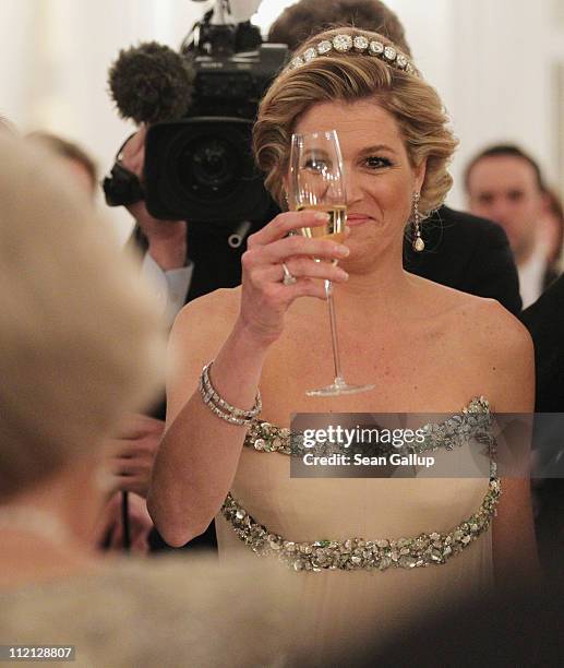 Princess Maxima of the Netherlands looks to her mother-in-law, Queen Beatrix, while attending a state banquet given in honour of the visiting Dutch...