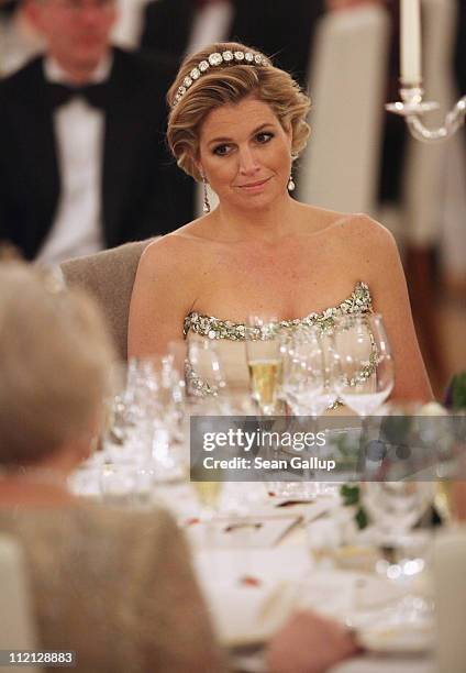 Princess Maxima of the Netherlands attends a state banquet given in honour of the visiting Dutch royals at Bellevue Presidential Palace on April 12,...