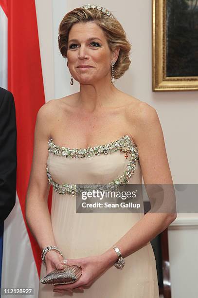 Princess Maxima of the Netherlands attends a state banquet given in honour of the visiting Dutch royals at Bellevue Presidential Palace on April 12,...