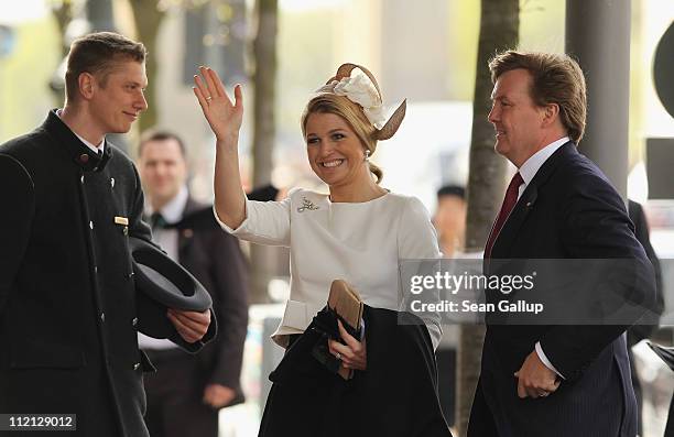Prince Willem-Alexander and Princess Maxima of the Netherlands arrive at the Adlon Hotel on April 12, 2011 in Berlin, Germany. The Dutch royals,...