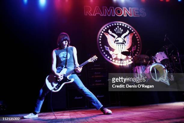 Johnny Ramone of The Ramones performing at the Rainbow Theatre, London, March 1979.