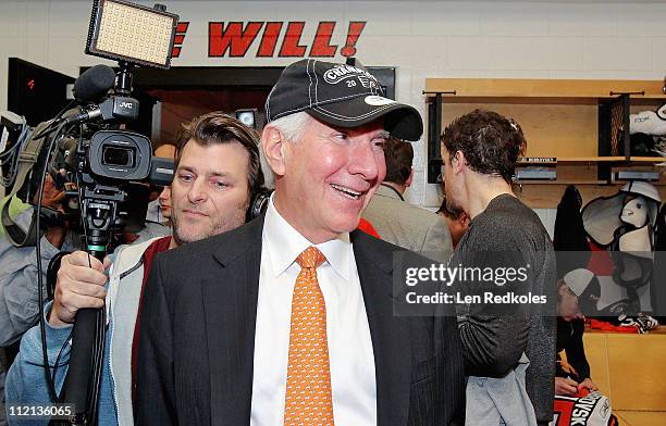 Chairman Ed Snider of the Philadelphia Flyers visits the locker room after his team defeated the New York Islanders 7-4 to give them the Atlantic...