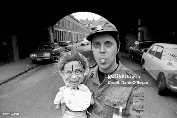 Genesis P-Orridge, of Throbbing Gristle, with a ventriloquist's dummy, London, circa 1980.